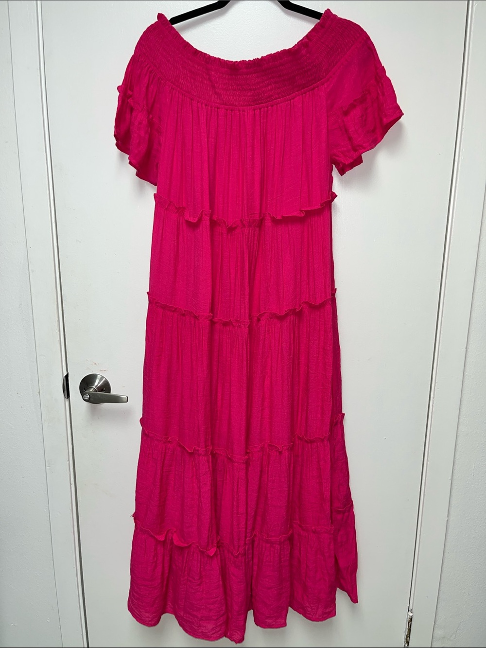 JODIFL Hot Pink Off-Shoulder Ruffle Maxi Dress